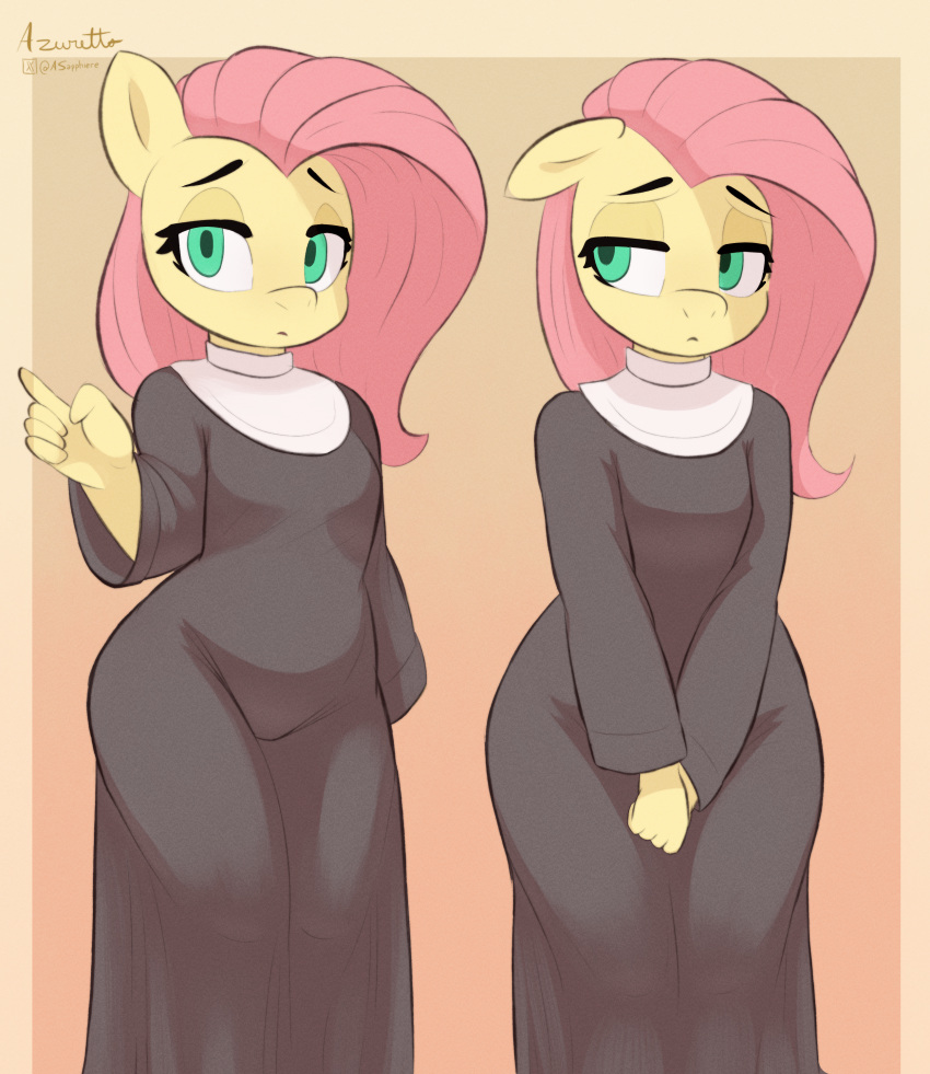 2024 5_fingers absurd_res anthro artist_name azuretto clothed clothing equid equine eyebrows eyelashes female fingers fluttershy_(mlp) friendship_is_magic fully_clothed green_eyes hair hasbro hi_res horse long_hair looking_at_viewer mammal my_little_pony nun_habit pink_hair pony religious_clothing solo