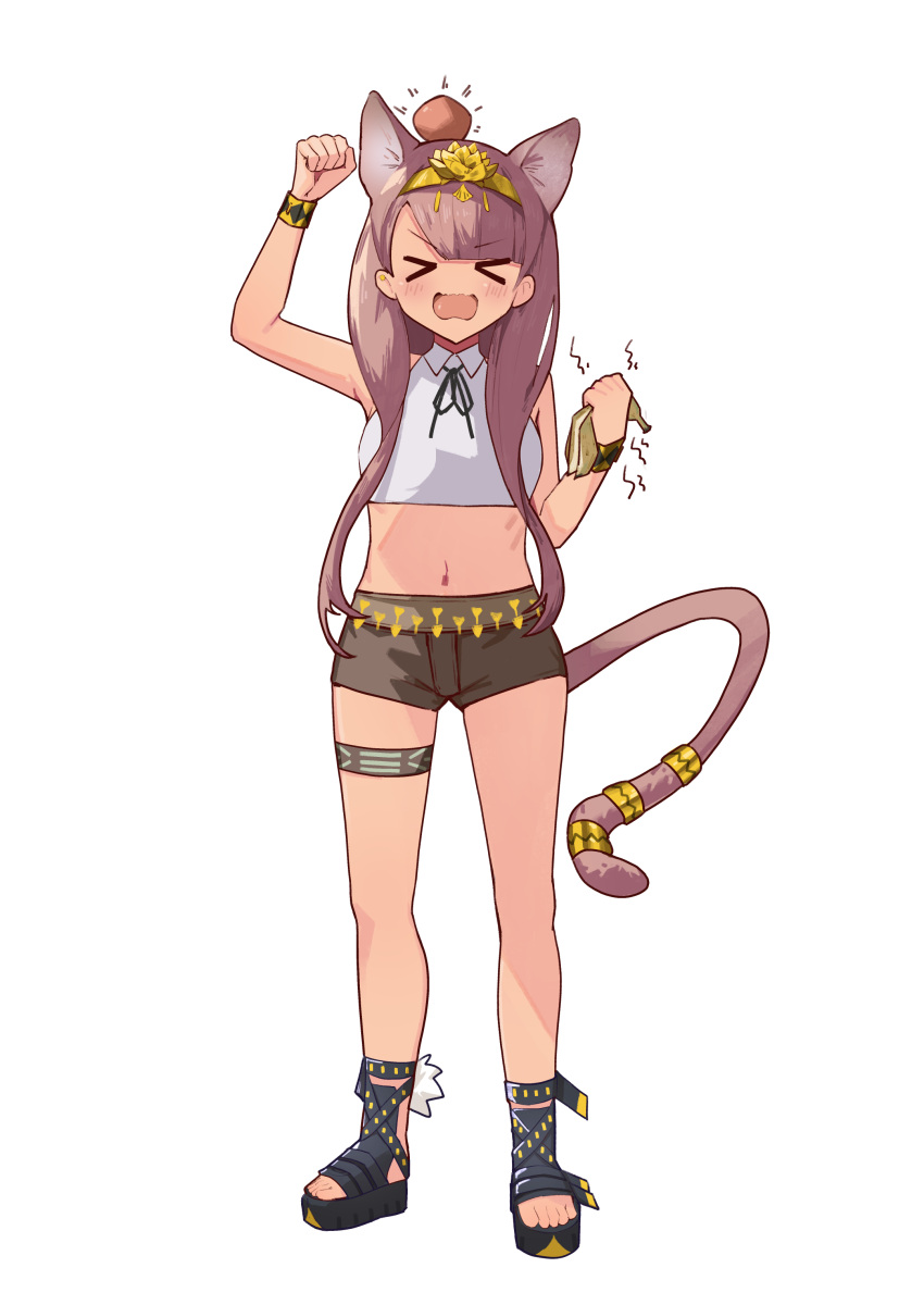 >_< absurdres angry animal_ears arknights arm_up banana_peel bare_shoulders black_footwear black_ribbon blush brown_hair brown_shorts brown_tail clenched_hand closed_eyes collared_shirt crop_top cropped_shirt ear_piercing facing_viewer female full_body fuujin_(windust_michio) gold gold_hairband hairband highres holding long_hair midriff navel neck_ribbon no_nose notice_lines open_mouth pepe_(arknights) piercing psd_available raised_fist ribbon sandals shirt shorts simple_background sleeveless sleeveless_shirt solo standing tail tail_ornament tail_ring toeless_footwear toes white_background white_shirt