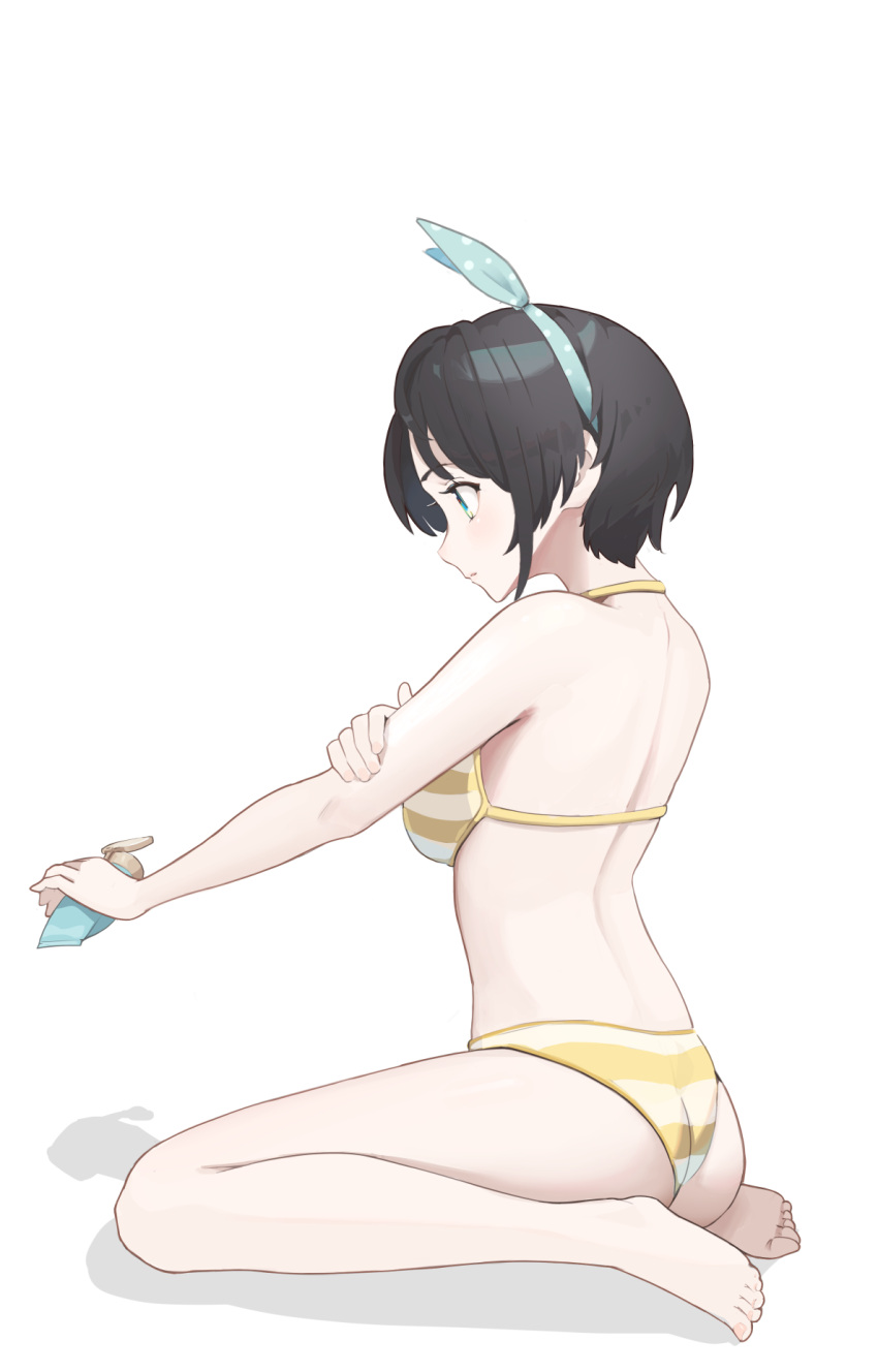 applying_sunscreen ass back barefoot bikini black_hair bow bow_hairband breasts closed_mouth commentary_request feet female full_body hairband hairbow halterneck highres hololive legs median_furrow medium_breasts official_alternate_costume oozora_subaru oozora_subaru_(hololive_summer_2019) outstretched_arm polka_dot_hairband short_hair simple_background sitting solo striped_bikini striped_clothes swimsuit taachika toenails toes virtual_youtuber wariza white_background yellow_bikini