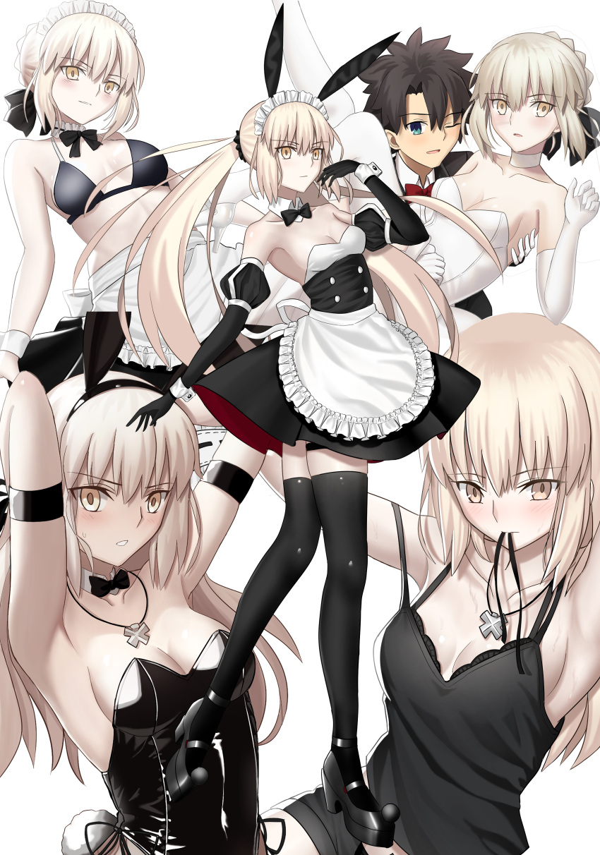 1boy absurdres animal_ears apron artoria_pendragon_(alter_swimsuit_rider)_(fate) artoria_pendragon_(alter_swimsuit_rider)_(second_ascension)_(fate) artoria_pendragon_(fate) bare_shoulders bikini black_bikini black_camisole black_dress black_leotard black_thighhighs blonde_hair blue_eyes breasts camisole carrying detached_collar dress fake_animal_ears fate/grand_order fate_(series) female fujimaru_ritsuka_(male) full_body highres leotard long_hair longdq3008 looking_at_viewer low_ponytail maid_headdress medium_breasts multiple_views playboy_bunny princess_carry rabbit_ears saber_alter saber_alter_(ver._shinjuku_1999)_(fate) short_hair sidelocks swimsuit thighhighs tuxedo twintails waist_apron white_dress yellow_eyes