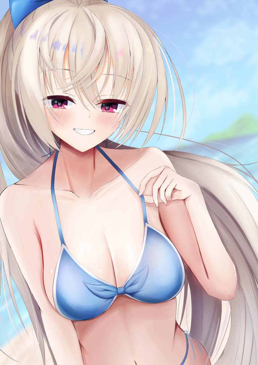 :d absurdres akizuki_kanna arm_at_side bare_shoulders bikini bikini_pull bikini_top_pull blue_bikini blue_bow blurry blurry_background blush bow breasts cafe_stella_to_shinigami_no_chou cleavage clothes_pull collarbone commentary crossed_bangs curvy day eyes_visible_through_hair female floating_hair front-tie_bikini_top front-tie_top grin hair_between_eyes hairbow halterneck hand_up happy heart heart-shaped_pupils heart_in_eye highres kiki0319i large_breasts light_brown_hair long_hair looking_at_viewer navel outdoors ponytail pulling_own_clothes red_eyes seductive_smile smile solo straight_hair swimsuit symbol-shaped_pupils symbol_in_eye upper_body very_long_hair