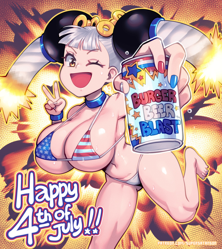 absurdres american_flag american_flag_bikini american_flag_print barefoot beer_can bikini blue_choker blue_wristband blunt_bangs bomu_(supersatanson) breasts brown_eyes can choker commentary drink_can english_commentary english_text explosion female flag_print fourth_of_july grey_hair hair_ornament highres holding holding_can huge_breasts long_hair looking_at_viewer micro_bikini multicolored_nails nail_polish navel one_eye_closed open_mouth original print_bikini reaching reaching_towards_viewer running solo spaghetti_strap sparkling_eyes strap_gap supersatanson sweat swimsuit toenail_polish toenails toes twintails underboob