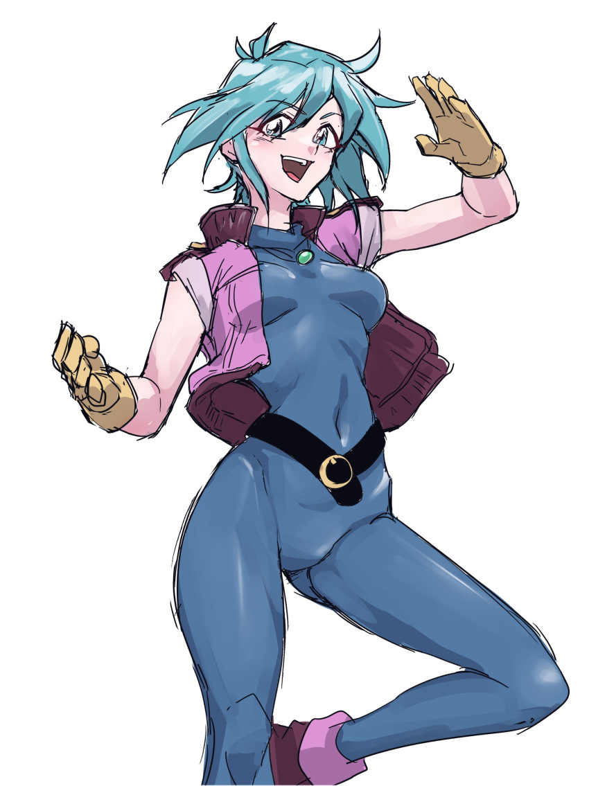 absurdres allenby_beardsley blue_bodysuit blue_hair blush bodysuit breasts female g_gundam gloves green_eyes gundam highres looking_at_viewer medium_breasts open_mouth short_hair siratori_(yy_203) skin_tight smile solo