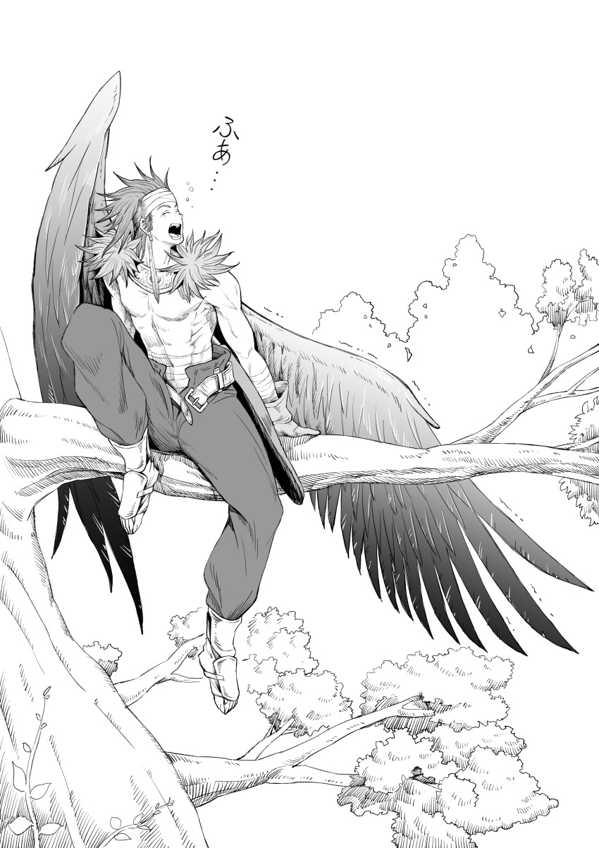 1boy absurdres canopus_wolph closed_eyes earrings gloves greyscale headband highres jewelry kakko_(cuckoo) medium_hair monochrome open_mouth outdoors pectorals sitting sitting_on_branch tactics_ogre toeless_footwear toned toned_male tree wings