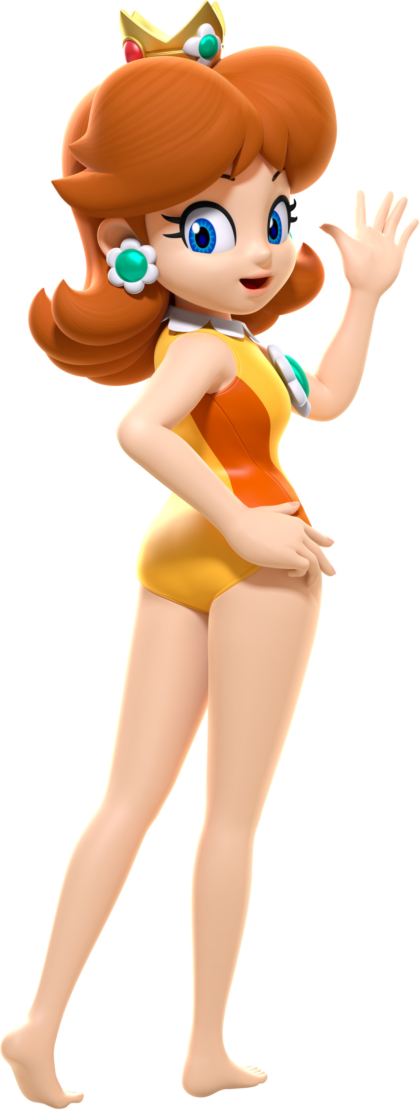 3d absurdres ass bare_shoulders barefoot blue_eyes breasts brooch brown_hair crown earrings feet female flower_earrings from_behind full_body gem green_gemstone hand_on_own_hip hand_up happy heel_up highres jewelry kneepits legs leotard looking_at_viewer looking_back mario_&_sonic_(series) mario_&_sonic_at_the_rio_2016_olympic_games mario_(series) medium_hair mini_crown official_art open_mouth princess_daisy princess_daisy_(gymnastics) red_gemstone simple_background small_breasts smile soles solo standing thighs third-party_source transparent_background two-tone_leotard waving yellow_crown yellow_leotard