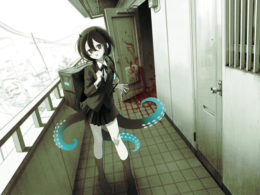 @_@ bandaid bandaid_on_leg black_bag black_eyes black_hair black_jacket black_ribbon black_skirt black_socks blood blood_on_ground demon_horns female happa_de_happy highres horns indie_virtual_youtuber jacket looking_at_viewer neck_ribbon open_door open_mouth ribbon shirt short_hair skirt socks solo tentacle_tail white_shirt yamata_ia