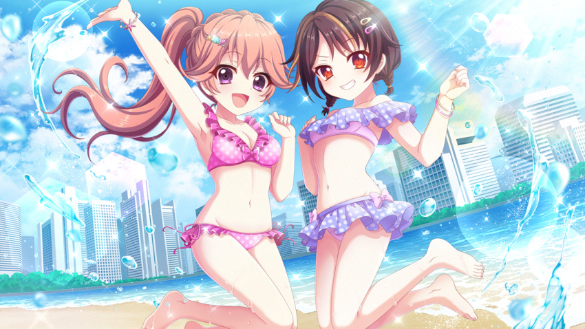 2girls alternate_hairstyle arm_up armpits bandou_mikuru bare_shoulders barefoot beach bikini bikini_skirt blonde_hair blue_skirt blue_sky bow bow_bikini bracelet braid braided_twintails breasts brown_hair cityscape cleavage cloud cloudy_sky collarbone crown_braid day dot_nose dutch_angle film_grain frilled_bikini frills game_cg grin groin haeno_akari hair_ornament hairclip hand_up hands_up high_ponytail izumi_tsubasu jewelry kneeling lens_flare long_hair looking_at_viewer medium_breasts multicolored_hair multiple_girls navel non-circular_lens_flare non-web_source ocean off-shoulder_bikini off_shoulder official_art open_mouth orange_hair outdoors pink_bikini polka_dot polka_dot_bikini purple_eyes re:stage! red_eyes short_hair short_twintails side-tie_bikini_bottom skirt sky small_breasts smile sparkle splashing streaked_hair sunlight swimsuit twintails two-tone_hair water_drop white_bikini