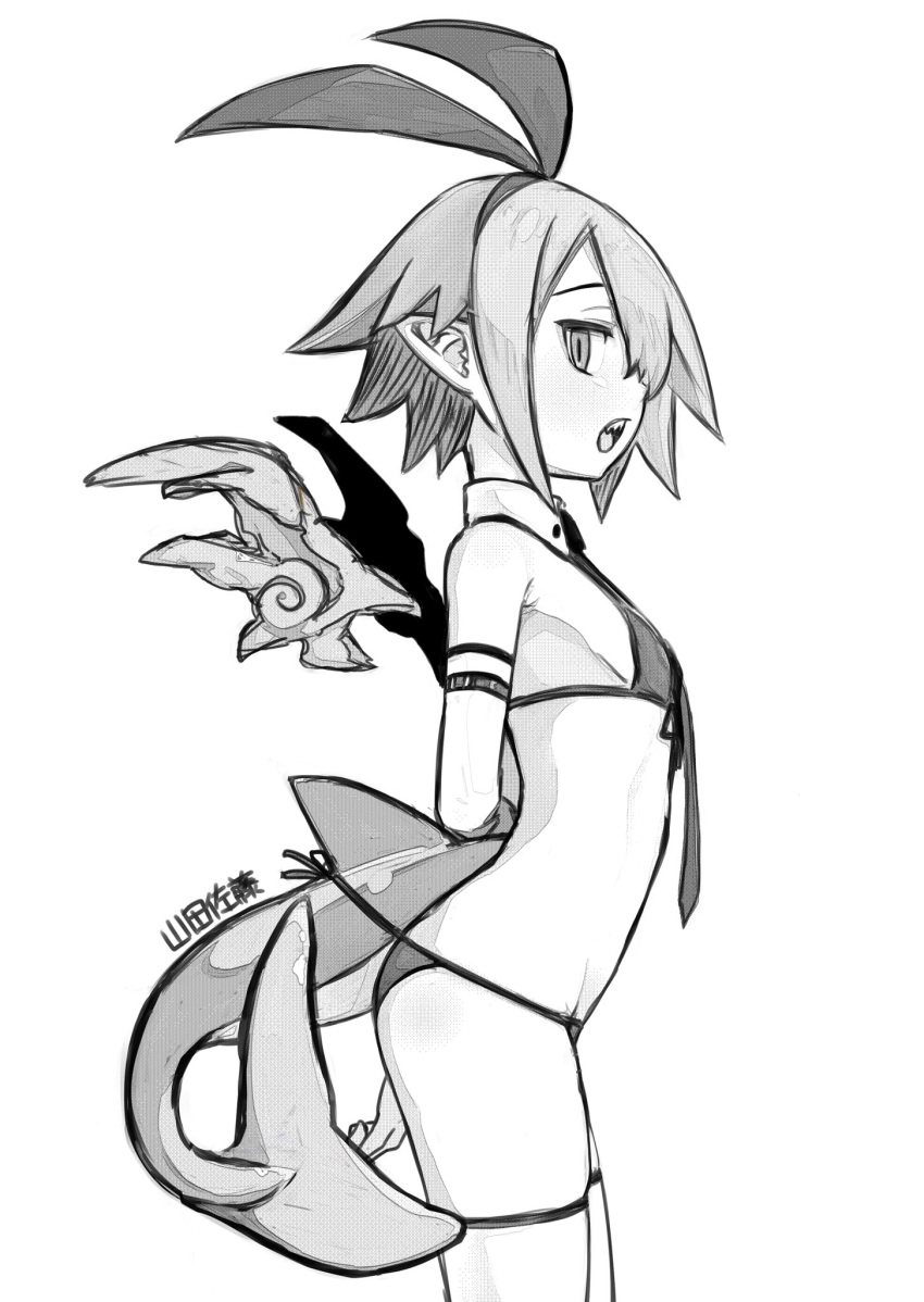 bikini disgaea female fins fish_tail flat_chest from_side greyscale hairband highres looking_at_viewer monochrome open_mouth original pleinair pointy_ears shark_tail sharp_teeth short_hair sideways_glance simple_background solo swimsuit tail teeth thighhighs wings yamada_satou_(sa10yamada)