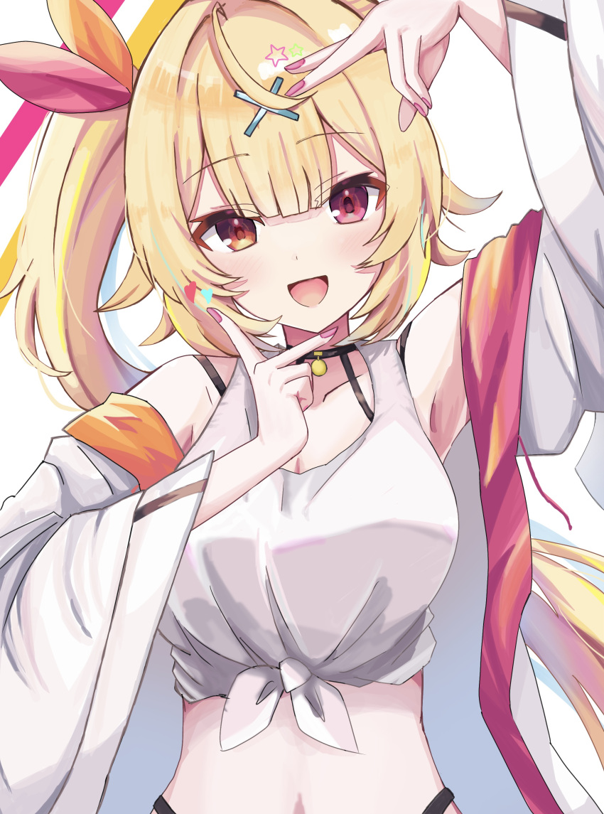 absurdres arm_up armpits breasts cleavage crop_top double_v female hair_ornament heart heterochromia highres hoshikawa_sara hoshikawa_sara_(1st_costume) jacket long_hair looking_at_viewer medium_breasts midriff navel nijisanji open_clothes open_jacket open_mouth orange_eyes red_eyes side_ponytail simple_background smile solo star_(symbol) tank_top theon_(te2eo) upper_body v very_long_hair virtual_youtuber white_background white_jacket white_tank_top x_hair_ornament