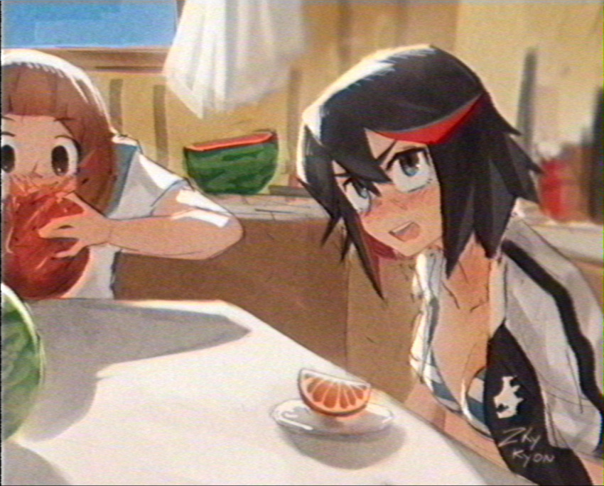 2girls bikini black_hair black_jacket blue_eyes blush breasts brown_hair colored_inner_hair eating food fruit highres indoors jacket kill_la_kill kitchen mankanshoku_mako matoi_ryuuko multicolored_clothes multicolored_hair multicolored_jacket multiple_girls orange_(fruit) orange_slice red_hair sitting small_breasts streaked_hair striped_bikini striped_clothes swimsuit table two-tone_hair two-tone_jacket watermelon white_jacket zhykyon