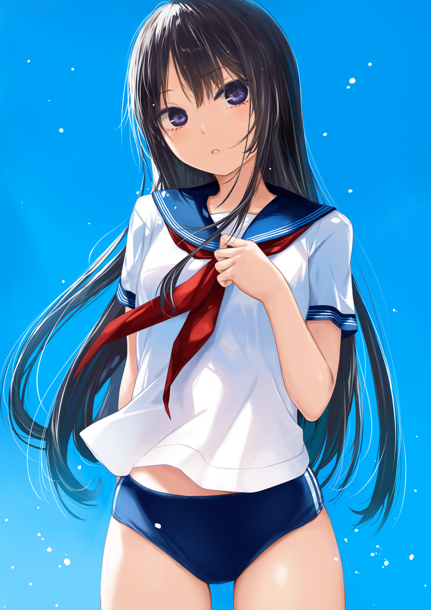 black_hair blue_background blue_buruma blue_sailor_collar buruma coffee-kizoku commentary_request female gradient_background highres long_hair original purple_eyes sailor_collar sailor_shirt school_uniform serafuku shiramine_rika shirt short_sleeves solo standing white_shirt