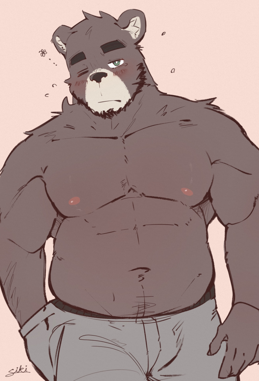 1boy abs animal_ears bara bear_boy bear_ears beard belly brown_fur cowboy_shot facial_hair full_beard furry furry_male highres huge_eyebrows large_pectorals looking_at_viewer love_handles male_focus muscular muscular_male nipples one_eye_closed original pectorals siki_sai_ken sleepy solo squeans standing strongman_waist topless_male