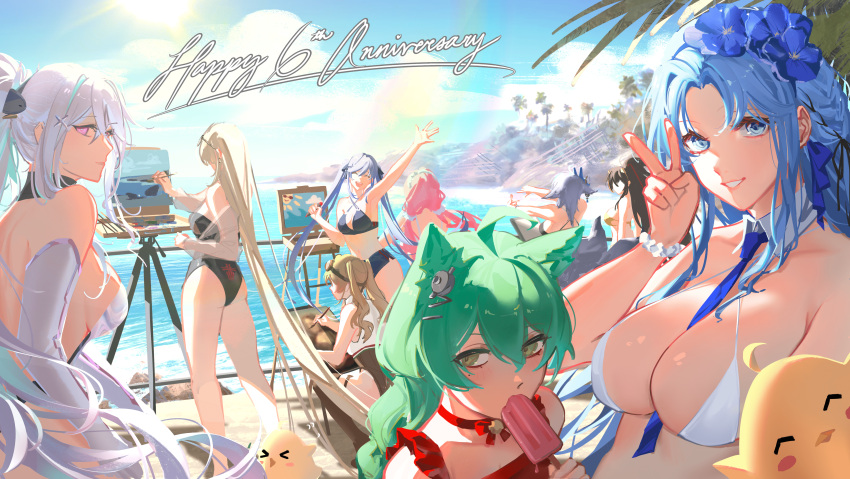 >_< 6+girls absurdly_long_hair absurdres akashi_(azur_lane) alsace_(azur_lane) alsace_(heat_beating_summer_sacrament)_(azur_lane) alternate_costume animal_ears ass azur_lane beach between_breasts bikini bismarck_(azur_lane) bismarck_zwei_(azur_lane) bismarck_zwei_(crystal-clear_holiday)_(azur_lane) black_bikini black_hair black_one-piece_swimsuit blonde_hair blue_eyes blue_hair blue_sky breasts cat_ears choker day detached_collar elbow_gloves english_commentary english_text essex_(azur_lane) gloves green_eyes green_hair hair_between_eyes happy_anniversary harbin_(azur_lane) harbin_(union_between_sea_and_sky)_(azur_lane) high_ponytail highres kearsarge_(azur_lane) large_breasts leonardo_da_vinci_(azur_lane) llamartist long_hair looking_at_viewer manjuu_(azur_lane) mona_lisa multiple_girls necktie necktie_between_breasts ocean official_alternate_costume one-piece_swimsuit outdoors painting_(action) palm_tree perseus_(azur_lane) pink_hair purple_hair red_choker sand sky smile standing summer swimsuit tosa_(azur_lane) tree twintails v very_long_hair white_bikini white_gloves white_hair