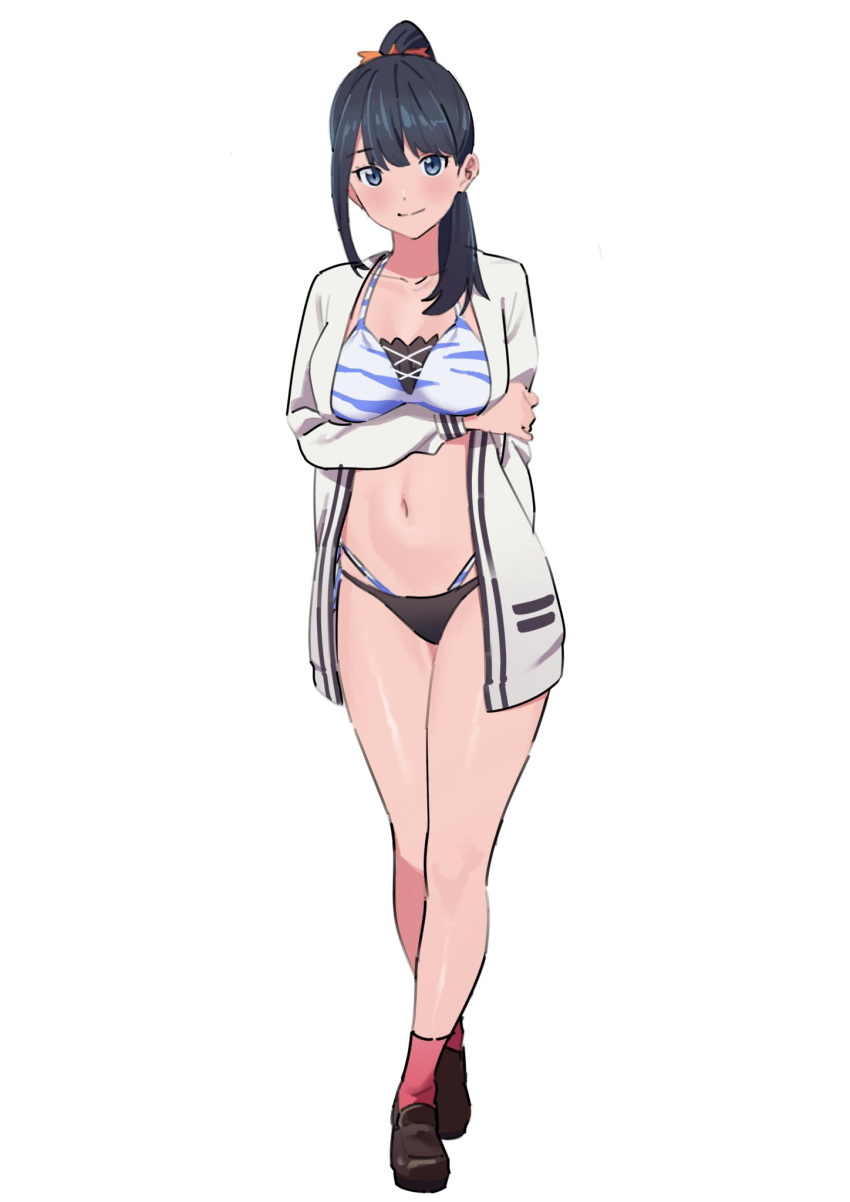 arm_behind_back arm_under_breasts bad_id bad_twitter_id bikini black_bikini black_hair blue_eyes breasts brown_footwear cardigan collarbone gridman_universe hair_behind_ear highres layered_bikini medium_breasts midriff nyus0721 open_cardigan open_clothes ponytail red_socks smile socks ssss.gridman swimsuit takarada_rikka white_background