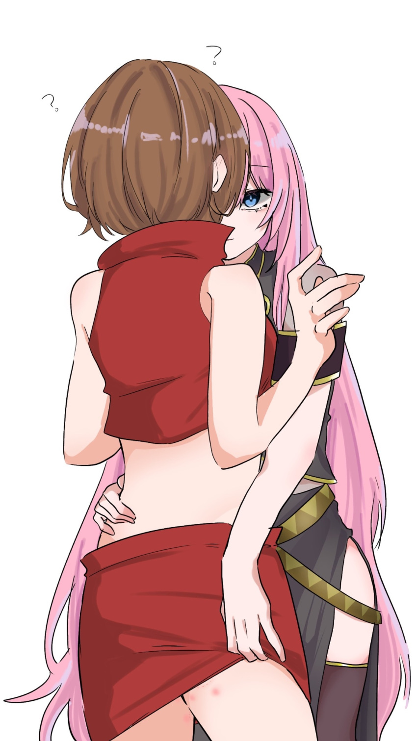 2girls ? black_skirt blue_eyes bob_cut brown_hair commentary crop_top facing_away hand_on_another's_waist highres implied_yuri lilly_0547 long_hair looking_at_viewer megurine_luka meiko_(vocaloid) midriff miniskirt multiple_girls pink_hair red_skirt red_tank_top short_hair side_slit simple_background skirt tank_top thigh_peek very_long_hair vocaloid white_background