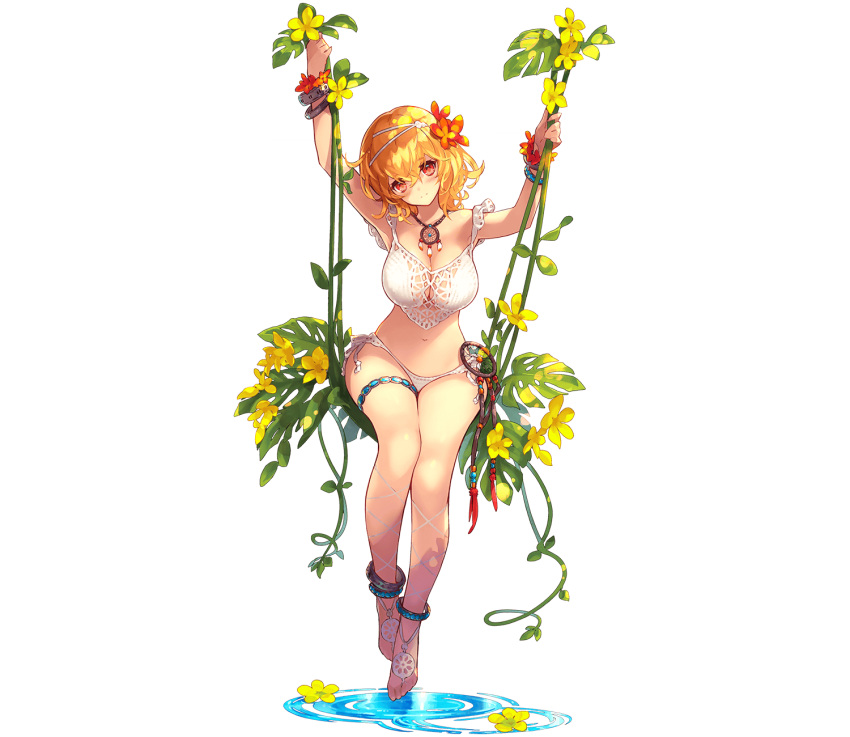 blonde_hair closed_mouth da-kuro eros_(phantom_of_the_kill) female flower full_body hair_flower hair_ornament highres looking_at_viewer outdoors phantom_of_the_kill red_eyes sitting solo swimsuit swing thighs