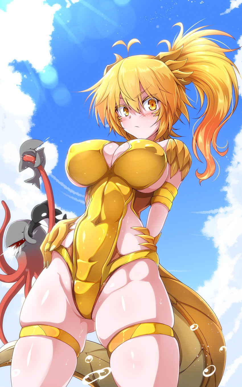 absurdres antenna_hair arisa_(g_(genesis1556)) arm_behind_back arm_strap bare_shoulders battle blonde_hair blue_sky blush breasts claws cleavage cleavage_cutout closed_mouth clothing_cutout cloud commentary_request covered_navel covered_nipples cowboy_shot day dragon_girl dragon_horns dragon_tail female frown g_(genesis1556) groin hair_between_eyes high_ponytail highres horns large_breasts long_hair looking_at_viewer monster_girl one-piece_swimsuit orca original outdoors ponytail punching scales shark sharktopus sidelocks skindentation sky solo_focus standing swimsuit tail tentacle thigh_strap water_drop yellow_eyes yellow_one-piece_swimsuit