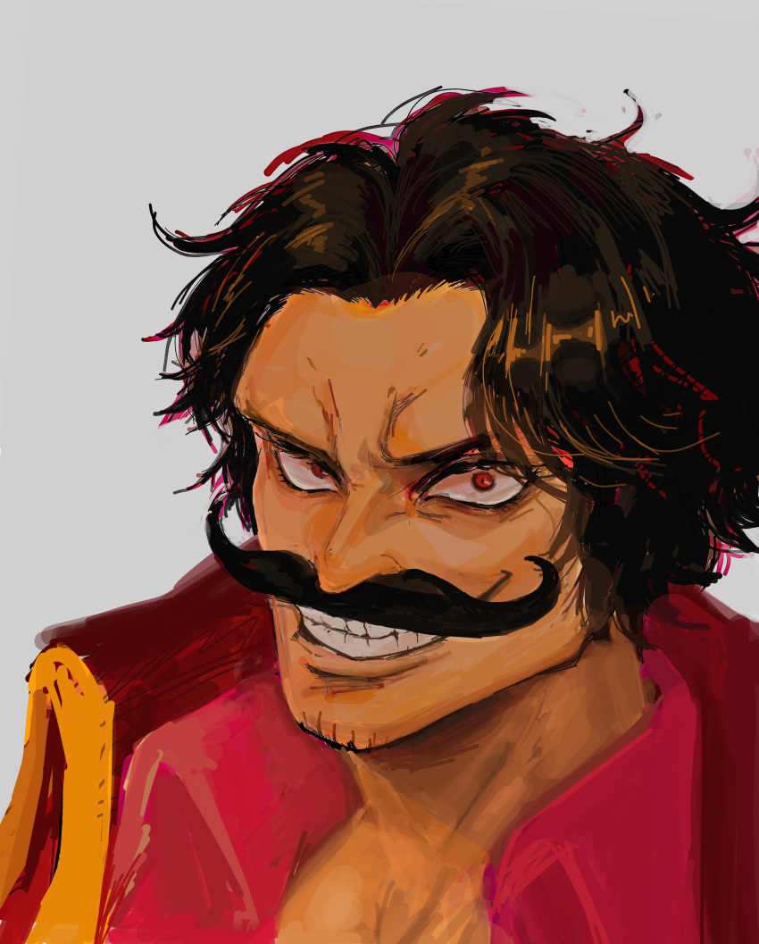 1boy absurdres black_hair coat facial_hair furrowed_brow goatee_stubble gol_d._roger grey_background grin high_collar highres looking_at_viewer male_focus mo_(pixiv89566472) moustache one_piece pink_shirt portrait red_coat red_eyes shirt short_hair simple_background smile solo stubble teeth v-shaped_eyebrows