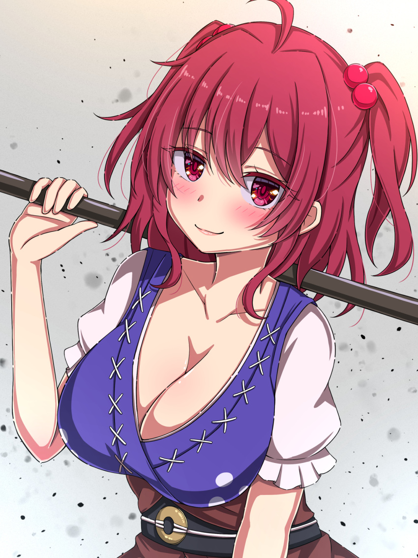 ahoge blush breasts cleavage closed_mouth coin collarbone commentary female grey_background highres large_breasts looking_at_viewer obi onozuka_komachi red_eyes red_hair rimasu71 sash short_sleeves smile solo touhou two_side_up upper_body