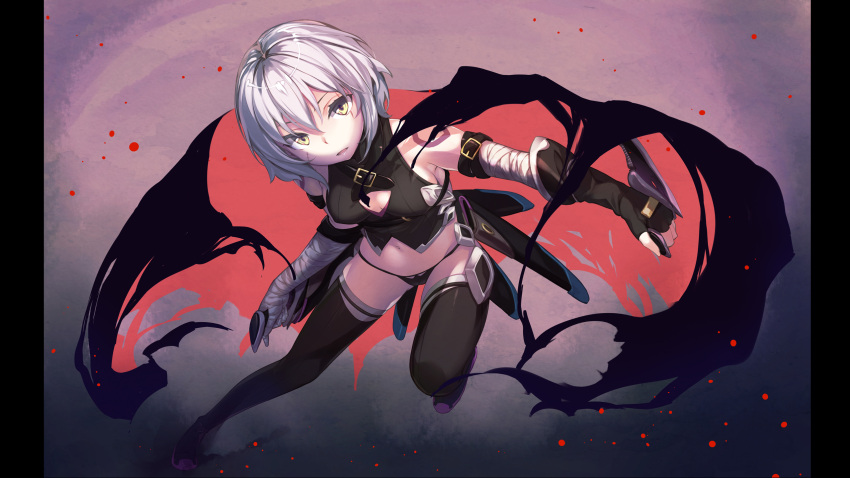 bandages bare_shoulders black_thighhighs breasts commentary_request dagger dual_wielding duplicate fate/apocrypha fate_(series) female grey_hair highres hinasaki_you holding jack_the_ripper_(fate/apocrypha) knife midriff navel photoshop_(medium) short_hair small_breasts solo thighhighs thighs weapon yellow_eyes