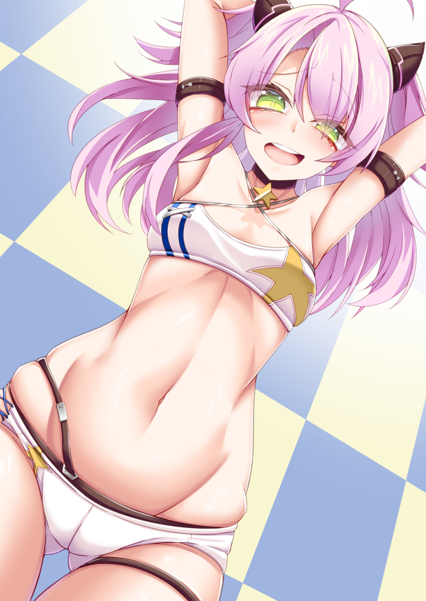 :d arm_strap arms_behind_head azur_lane bare_shoulders blush breasts checkered_background commentary_request crop_top cross-laced_clothes cross-laced_shorts diamond-shaped_pupils diamond_(shape) female from_below green_eyes groin hair_over_one_eye half-closed_eye highres hip_focus horns houston_(azur_lane) jewelry long_hair looking_at_viewer looking_down micro_shorts midriff navel necklace ogamaru pink_hair shorts sleeveless small_breasts smile solo star_(symbol) star_necklace star_print stomach symbol-shaped_pupils teeth thigh_gap thigh_strap thighs upper_teeth_only white_shorts