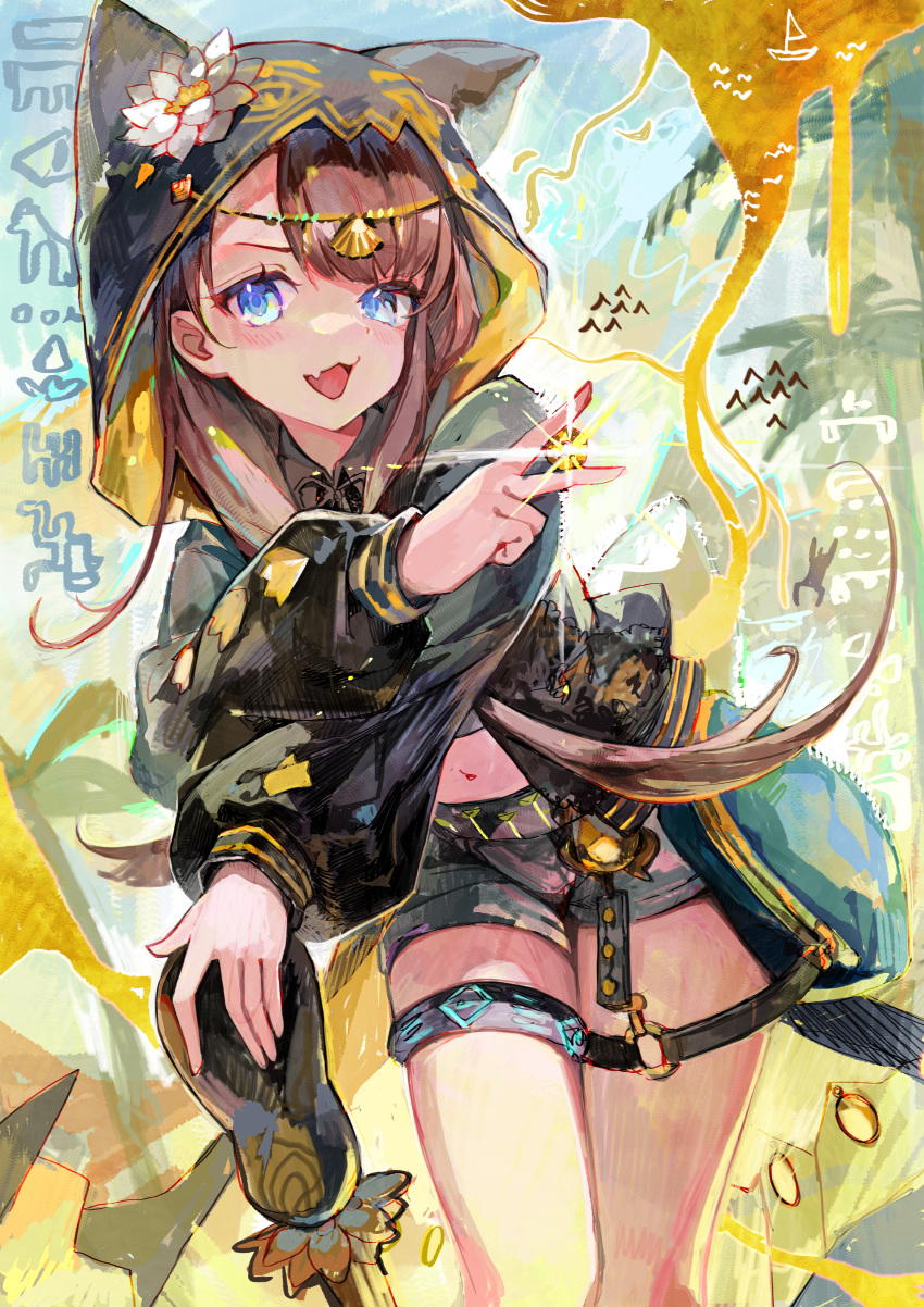 :d absurdres arknights between_fingers black_jacket black_shorts blue_eyes blush brown_hair coin cowboy_shot diffraction_spikes female flower gold gold_coin happyongdal hieroglyphics highres holding holding_coin hood hood_up hooded_jacket infection_monitor_(arknights) jacket leaning leaning_to_the_side long_hair long_sleeves looking_at_viewer navel o-ring o-ring_thigh_strap open_mouth pepe_(arknights) shorts smile solo standing thigh_strap two-sided_fabric two-sided_jacket white_flower yellow_jacket