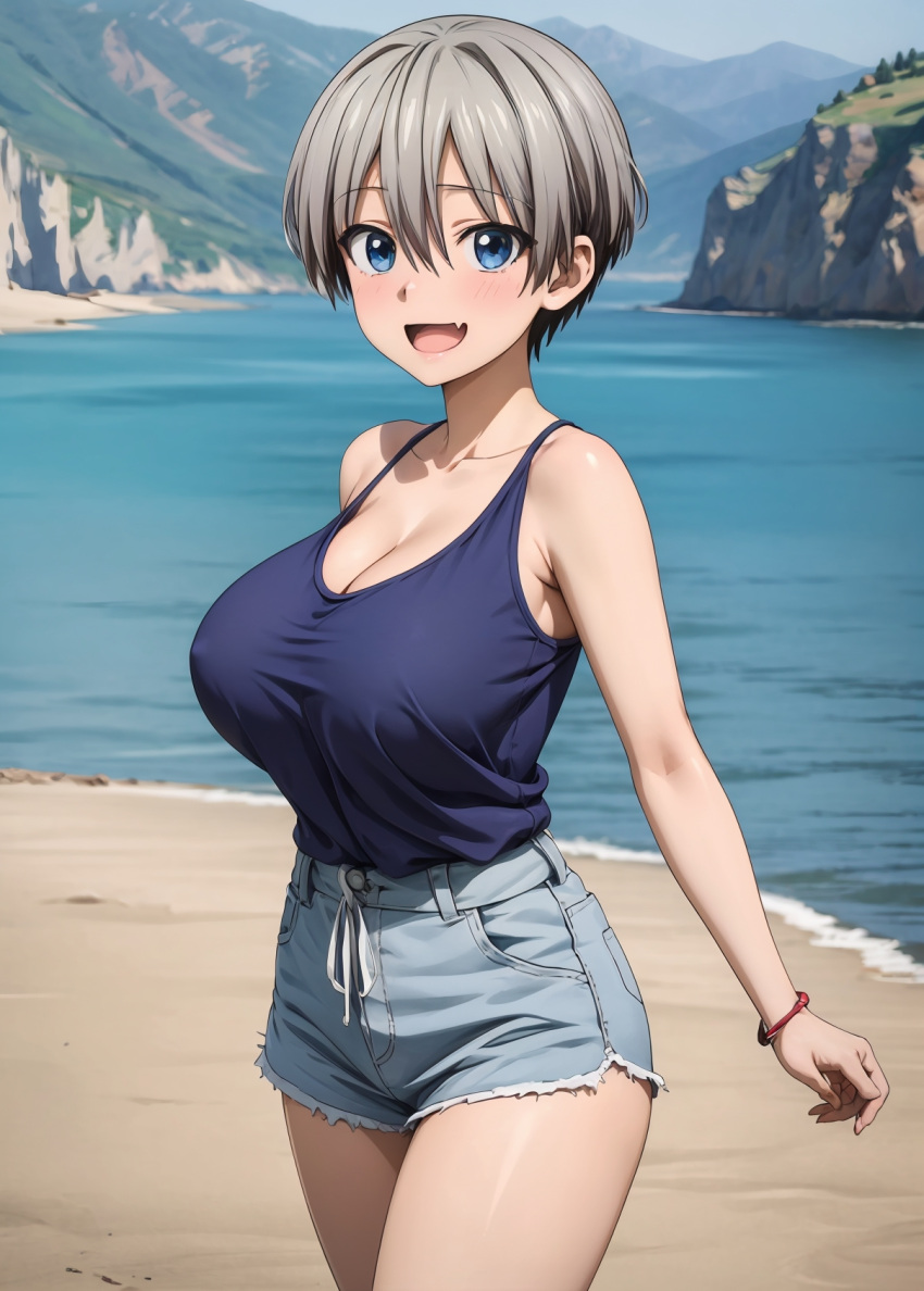 1girls 2d ai_generated athletic athletic_female bare_arms bare_legs bare_shoulders belly big_breasts bob_cut breasts_bigger_than_head chest cleavage curvy curvy_figure cute cute_face denim_shorts detailed eyelashes eyeshadow female female_only fit fit_female focus grey_hair hair high_quality huge_breasts large_breasts legs light-skinned_female light_skin lips lipstick looking_at_viewer makeup mascara midriff nero100 pale-skinned_female pale_skin petite petite_body posing seductive seductive_look short_hair shorts silver_hair skin_tight stable_diffusion tagme tank_top thighs thin_waist tomboy uzaki-chan_wa_asobitai! uzaki_hana very_short_hair young younger_female