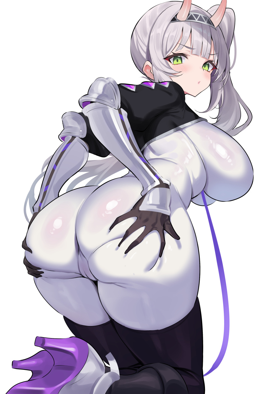 absurdres ass ass_focus back black_pantyhose black_thighhighs bodysuit breasts cameltoe deep_skin female from_behind grabbing_own_ass green_eyes grey_hair hand_on_own_ass hands_on_ass hands_on_own_ass highres horns hoshikuma_douji houchi_shoujo huge_ass ichi-jirushi indie_virtual_youtuber large_breasts long_hair looking_at_viewer looking_back oni pantyhose presenting presenting_ass rimuchi_(vtuber) side_ponytail skin-covered_horns skin_tight solo thighhighs vambraces virtual_youtuber white_bodysuit