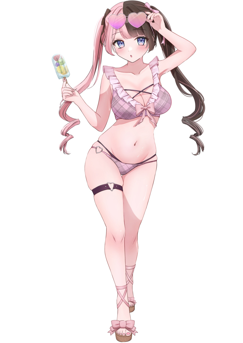 :o absurdres adjusting_eyewear bikini blue_eyes blush bow breasts brown_bow brown_hair cleavage comiket_104 commentary_request contrapposto cross-laced_bikini cross-laced_clothes eyewear_on_head female food footwear_bow frilled_bikini frills full_body hairbow heart heart-shaped_eyewear heart_o-ring highres holding holding_food holding_popsicle large_breasts layered_bikini long_hair looking_at_viewer multicolored_hair nail_polish navel o-ring o-ring_bikini o-ring_thigh_strap pink-tinted_eyewear pink_bikini pink_bow pink_hair pink_nails plaid_bikini plaid_clothes popsicle sandals skindentation solo split-color_hair stomach string_bikini sunglasses sweat swimsuit tachi-e tachibana_hinano_(vtuber) thigh_strap tinted_eyewear toenail_polish toenails transparent_background twintails two-tone_hair very_long_hair virtual_youtuber vspo! ysnhryk