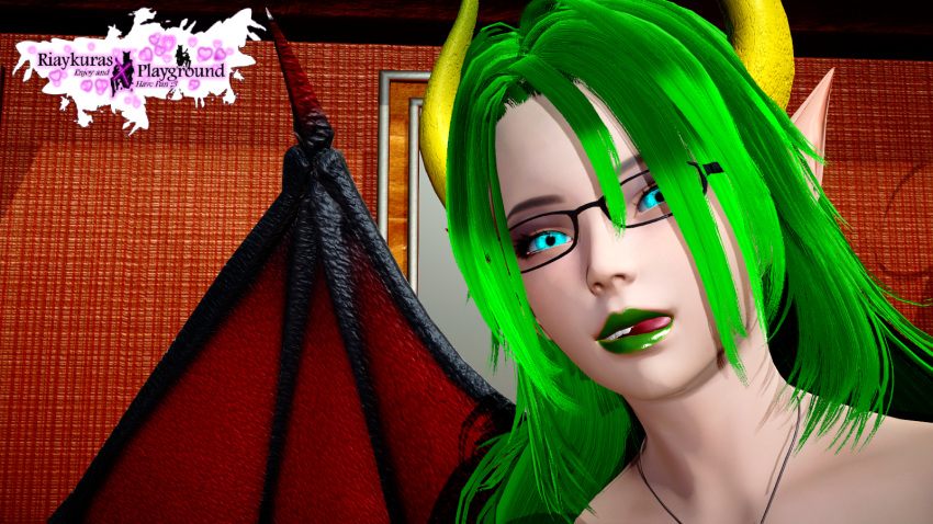 3d blue_eyes demon demon_girl demon_humanoid demon_wings demoness female female_only glasses green_hair horns lexx_triffos naked naked_female necklace nude nude_female red_wings riaykuras_playground sharp_ears winged_humanoid