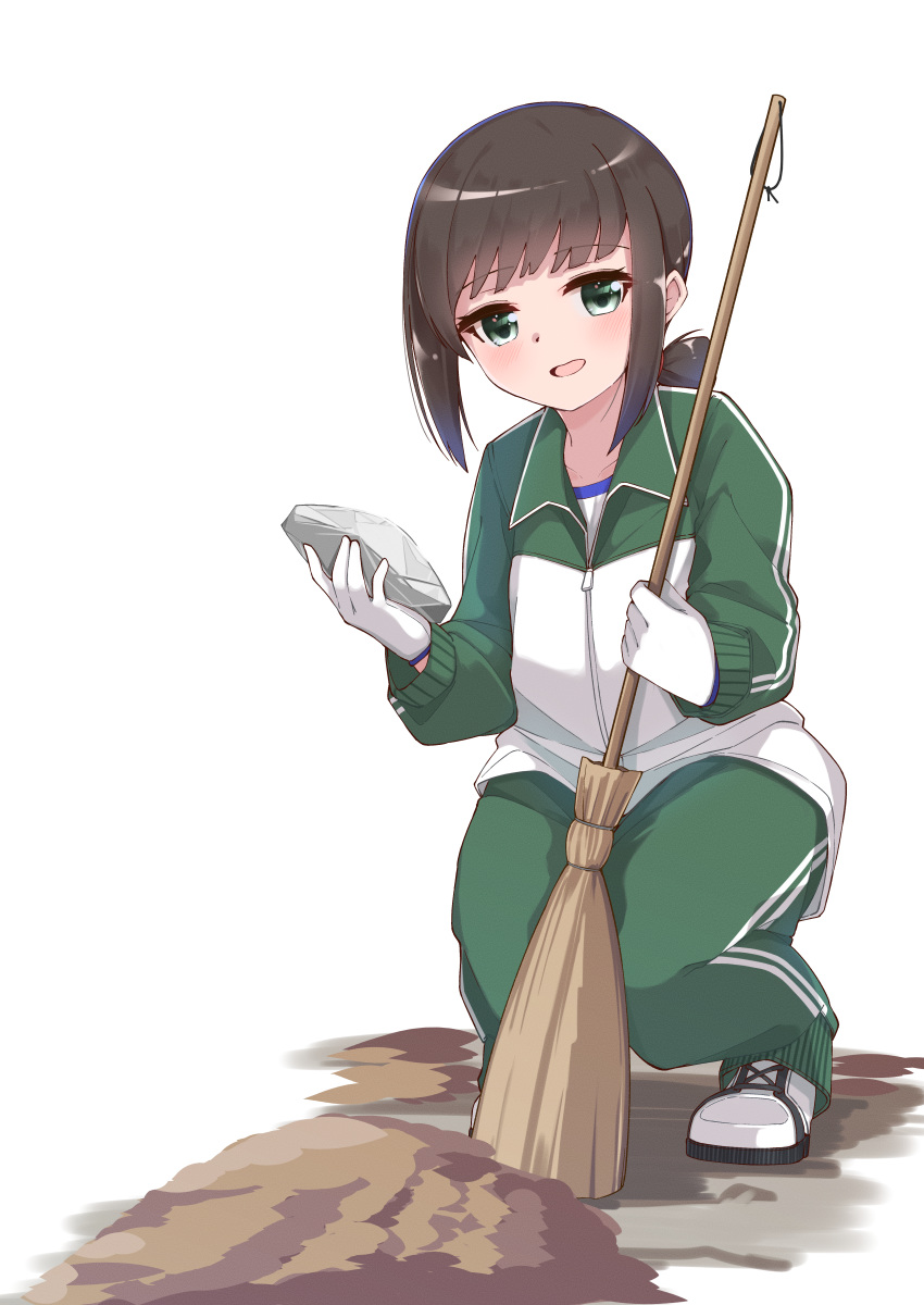 absurdres bauxite black_hair broom commentary_request female fubuki_(kancolle) gloves green_eyes green_pants highres jacket kantai_collection long_hair low_ponytail multicolored_clothes multicolored_jacket pants ponytail rock short_ponytail sidelocks simple_background smile solo squatting track_jacket track_pants track_suit two-tone_jacket uut white_background white_footwear white_gloves