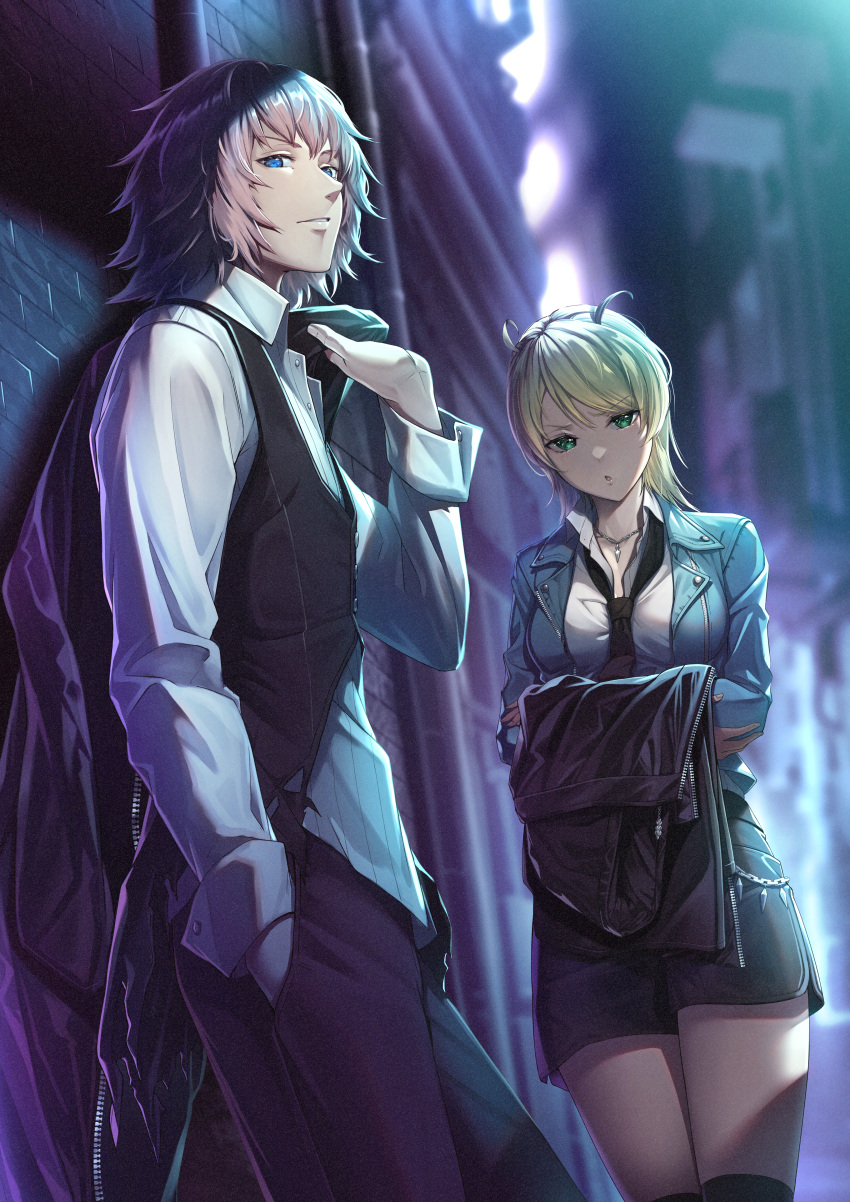 1boy absurdres against_wall antenna_hair black_coat_(kingdom_hearts) blonde_hair blurry blurry_background coat elrena female gogo_(detteiu_de) green_eyes highres jacket kingdom_hearts kingdom_hearts_x lauriam necktie open_collar pink_hair skirt standing thighhighs thighs waistcoat