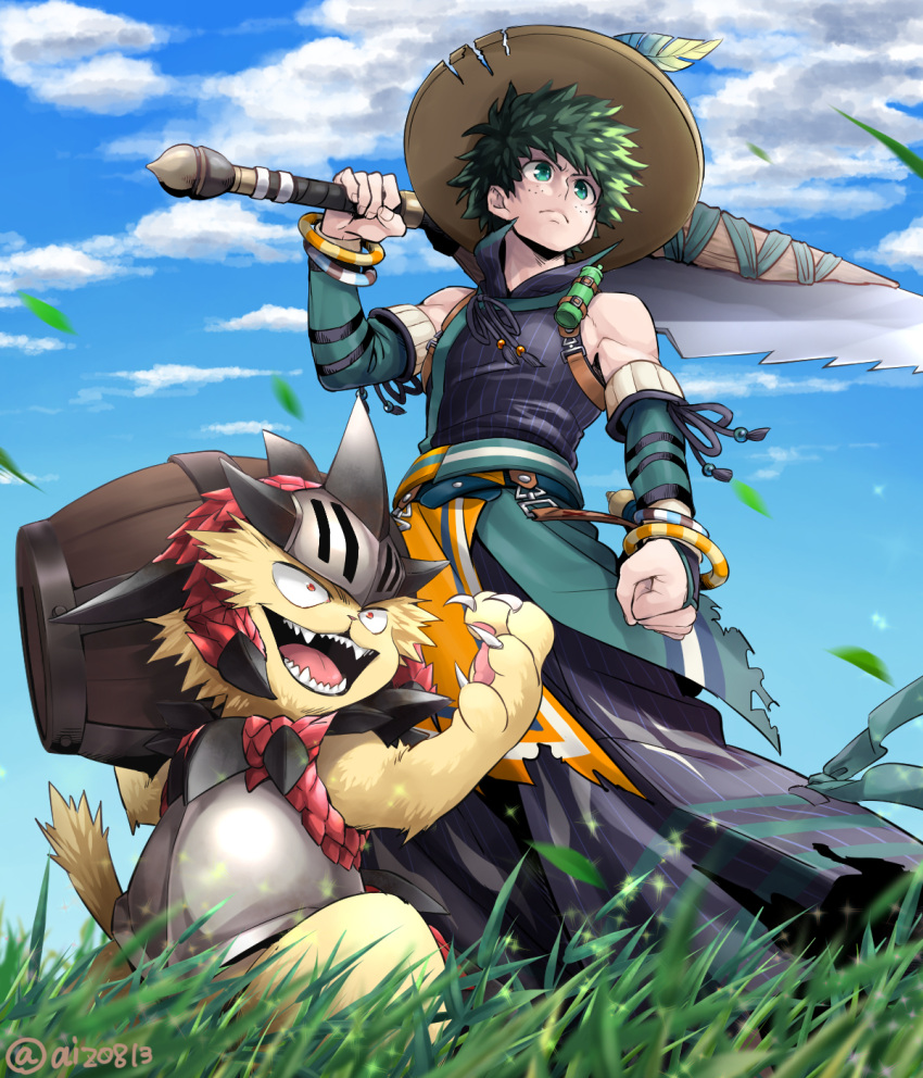 1boy animal animalization armor bad_id bad_pixiv_id bakugou_katsuki bare_shoulders barrel boku_no_hero_academia breastplate claws clenched_hand closed_mouth clothing_request cloud commentary_request day detached_sleeves fangs feline felyne freckles from_below grass green_eyes green_hair hat hat_feather helmet highres holding holding_sword holding_weapon horns male_focus midoriya_izuku monster_hunter_(series) open_mouth outdoors over_shoulder rathalos_(armor) serious sharp_teeth short_hair sword teeth tonomayo torn_clothes twitter_username weapon weapon_over_shoulder yukumo_(armor)