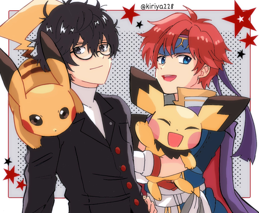 2boys amamiya_ren armor black_hair blue_armor brown_hair fire_emblem fire_emblem:_the_binding_blade fukuyama_jun glasses gloves headband highres jacket kiriya_(552260) looking_at_viewer male_focus multiple_boys open_mouth persona persona_5 pichu pikachu pokemon pokemon_(creature) red_hair roy_(fire_emblem) school_uniform short_hair shuujin_academy_school_uniform simple_background smile super_smash_bros. voice_actor_connection