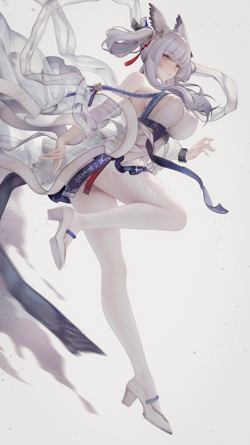 absurdres arknights bare_shoulders binggong_asylum breasts female grey_background high_heels highres large_breasts long_hair off_shoulder pantyhose ptilopsis_(arknights) robe sidelocks solo white_footwear white_hair white_pantyhose yellow_eyes