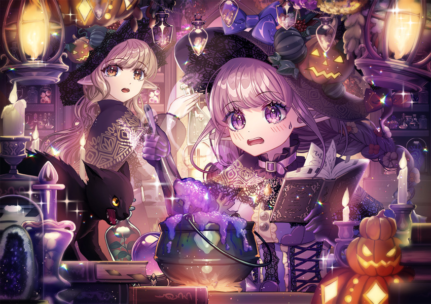 2girls black_capelet black_cat blonde_hair blush book bow breasts candle capelet cauldron cleavage dot_nose eyelashes feline flask halloween hat hat_bow highres holding holding_book holding_flask jack-o'-lantern kozou_kazaru lantern looking_at_another multiple_girls orange_eyes original pointy_ears potion purple_bow purple_eyes purple_hair siblings silk sisters sparkle spider_web sweatdrop teeth tongue upper_teeth_only witch witch_hat