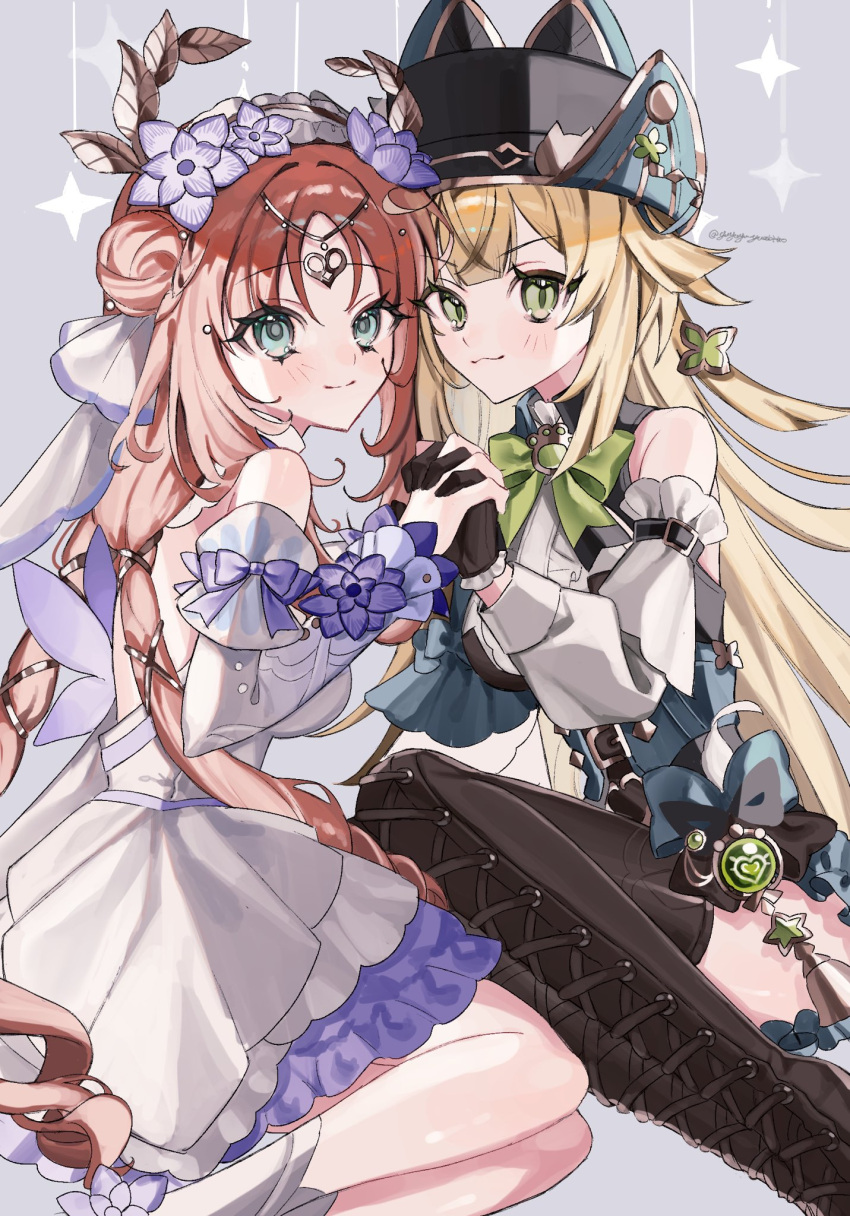 2girls :3 aqua_eyes bare_shoulders black_hat black_thighhighs blonde_hair bow bowtie circlet commentary_request dendro_symbol_(genshin_impact) detached_sleeves dress feet_out_of_frame flower genshin_impact green_bow green_bowtie green_eyes hair_bun hair_flower hair_ornament hat highres holding_hands kirara_(genshin_impact) kirara_(phantom_in_boots)_(genshin_impact) light_blush long_hair long_sleeves looking_at_viewer multiple_girls nilou_(breeze_of_sabaa)_(genshin_impact) nilou_(genshin_impact) official_alternate_costume parted_bangs purple_bow purple_flower red_hair sleeveless sleeveless_dress smile thighhighs very_long_hair vision_(genshin_impact) white_dress white_sleeves yuyuyu_yuabitto