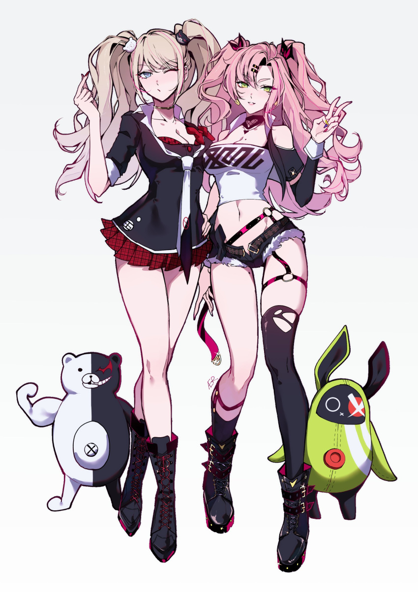 2girls absurdres aer007580 amillion_(zenless_zone_zero) bare_legs black_footwear black_shorts black_thighhighs black_vest blonde_hair blue_eyes breasts cleavage crop_top crossover danganronpa:_trigger_happy_havoc danganronpa_(series) earrings enoshima_junko green_eyes highres jewelry large_breasts long_hair long_sleeves miniskirt monokuma multiple_girls nail_polish necktie nicole_demara one_eye_closed pink_hair red_skirt school_uniform shorts single_thighhigh skirt thigh_strap thighhighs torn_clothes torn_thighhighs twintails two-tone_necktie v vest white_background zenless_zone_zero