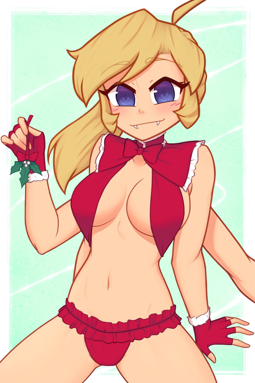 absurdres blonde_hair blue_eyes blush border bow breasts breasts_apart christmas closed_mouth commentary english_commentary extra_arms fangs female fingerless_gloves gloves green_background highres holding holding_mistletoe light_smile long_hair looking_at_viewer medium_breasts mistletoe navel nelly_(xyronii) original panties red_bow red_gloves red_panties sitting solo underwear white_border xyronii