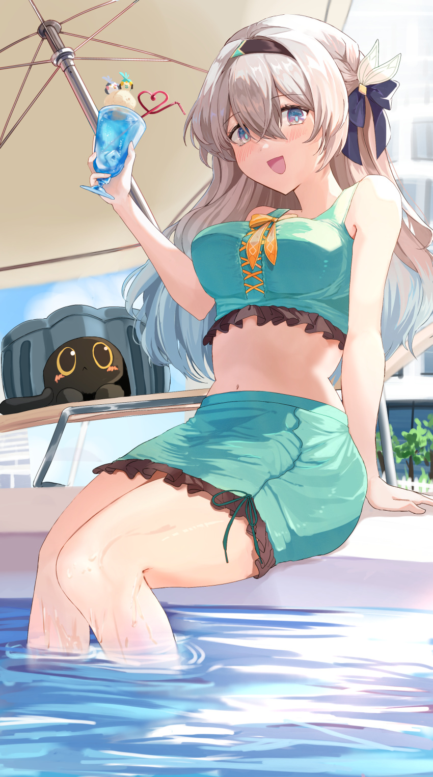 :d absurdres bare_shoulders bikini black_hairband blush breasts commentary_request crop_top cup day female firefly_(honkai:_star_rail) gradient_hair green_bikini grey_hair hair_between_eyes hair_intakes hair_ornament hairband highres hisaka730387 holding holding_cup honkai:_star_rail honkai_(series) long_hair looking_at_viewer medium_breasts midriff multicolored_hair navel neckerchief orange_neckerchief sitting smile soaking_feet swimsuit trailblazer_(honkai:_star_rail) trailblazer_(trash_cake)_(honkai:_star_rail) water wet