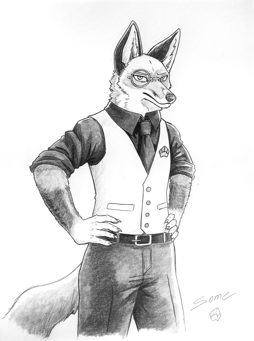 absurd_res anthro belt black_body black_fur bottomwear canid canine clothed clothing eyewear fox fully_clothed fur graphite_(artwork) hands_on_hips hi_res male mammal monocle necktie pants pencil_(artwork) shirt simple_background solo some_(someone) standing suit_jacket tail topwear traditional_media_(artwork) white_background white_body white_fur