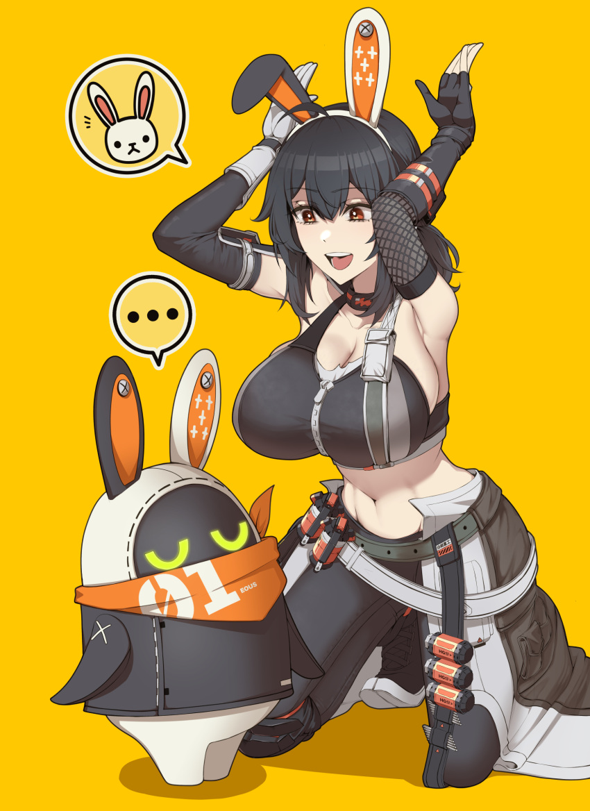 ... :d ahoge animal_ears arm_pouch arm_warmers armpits arms_up asymmetrical_gloves bangboo_(zenless_zone_zero) bare_shoulders belt black_choker black_gloves black_hair black_pants black_sports_bra breasts cape choker cleavage closed_eyes collarbone commentary_request elbow_gloves eous_(zenless_zone_zero) explosive fake_animal_ears female fingerless_gloves fishnet_gloves fishnets full_body gloves grace_howard grenade grey_belt groin hair_between_eyes highres joji_nyudo kneeling large_breasts long_hair looking_at_another midriff mismatched_gloves navel open_mouth orange_eyes pants rabbit_ears rabbit_pose shadow sidelocks simple_background single_fingerless_glove smile spoken_ellipsis sports_bra teeth u_u upper_teeth_only waist_cape white_cape white_gloves yellow_background zenless_zone_zero zipper zipper_pull_tab