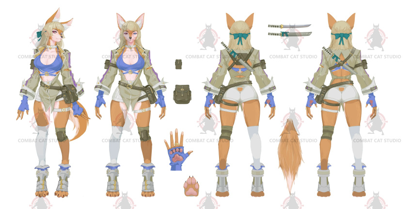 absurd_res akai_hime_(wild_assault) anthro blonde_hair blue_clothing blue_eyes blue_shirt blue_topwear bottomwear breasts canid canine claws clothing collar dipstick_tail female fingerless_gloves fox fur gloves hair handwear heterochromia hi_res jacket mammal markings melee_weapon military model_sheet multicolored_body multicolored_fur official_art orange_body orange_fur red_eyes shirt shorts soldier solo sword tail tail_markings tan_body tan_fur topwear unknown_artist warrior weapon white_bottomwear white_clothing white_shorts wild_assault