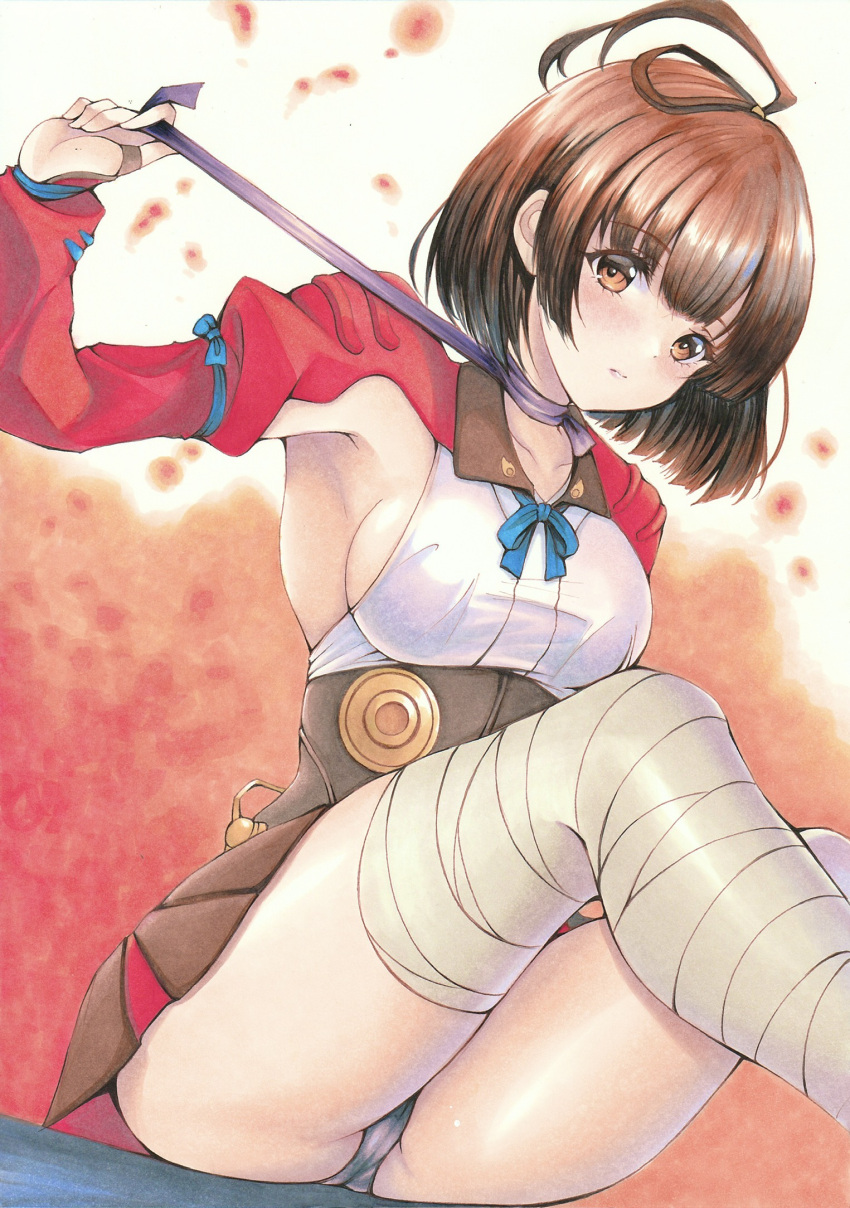 ass blush bob_cut breasts brown_eyes brown_hair collarbone collared_shirt gradient_background highres koutetsujou_no_kabaneri leg_wrap light_particles long_sleeves looking_at_viewer mumei_(kabaneri) panties ribbon shirt sideboob sitting skirt traditional_media underwear white_shirt yosaku_vs_hina