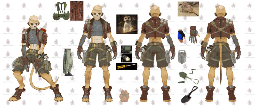 abs absurd_res anthro black_body black_fur blonde_hair bottomwear brown_eyes claws clothing fingerless_gloves fur gloves hair handwear herpestid hi_res jacket male mammal meerkat midriff military model_sheet multicolored_body multicolored_fur official_art shirt shorts soldier solo tan_body tan_fur topwear uly_(wild_assault) unknown_artist warrior white_body white_fur wild_assault