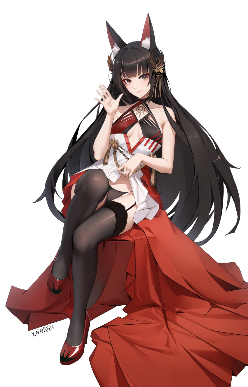 absurdres animal_ears azur_lane bare_shoulders black_panties blush breasts brown_hair center_opening cleavage_cutout clothes_lift clothing_cutout dress dress_lift female fox_ears fox_girl full_body garter_straps hair_ornament hand_up highres japanese_clothes kimono leg_up legs lifting_own_clothes long_hair looking_at_viewer midriff_peek nagato_(azur_lane) nagato_(meta)_(azur_lane) panties presenting sitting sleeveless sleeveless_dress slit_pupils small_breasts smile solo thighhighs thighs underwear very_long_hair waving xnnagu yellow_eyes