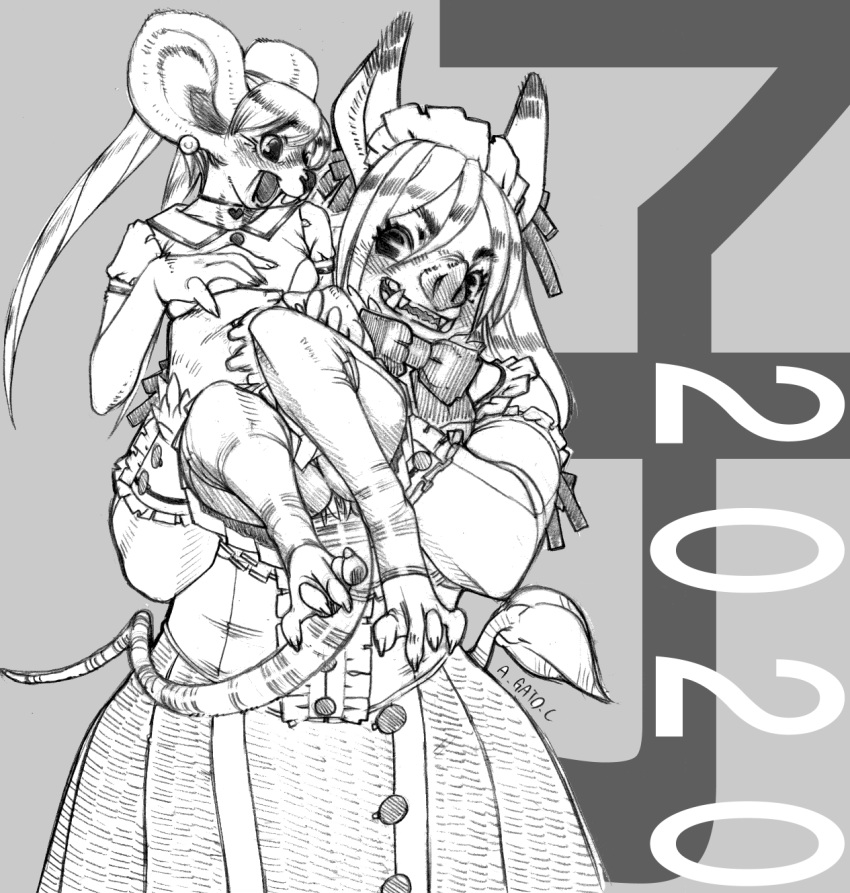 2020 a_gato_c anthro bat biped blush bottomwear bow_tie claws clothed clothing dress female fur graphite_(artwork) hair hi_res holding_another kemono maid_uniform mammal monochrome mouse murid murine open_mouth pants rodent smile solo traditional_media_(artwork) tusks uniform