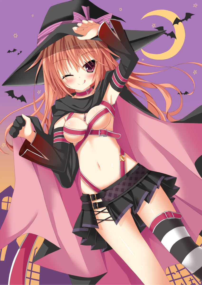 ;q arm_up armpits ayachi_nene ayachi_nene_(cosplay) bare_shoulders bat_(animal) belt belt_bra black_cape black_hat black_shirt blush breasts breasts_squeezed_together cape clip_studio_paint_(medium) closed_mouth commentary_request cosplay crescent_moon detached_sleeves dutch_angle eyelashes eyes_visible_through_hair feet_out_of_frame female floating_hair hair_between_eyes hair_down halloween hand_up happy hat highres hip_vent holding holding_cape holding_unworn_clothes inaba_meguru long_hair long_sleeves looking_at_viewer medium_breasts miniskirt moon navel nekono one_eye_closed orange_hair pink_belt pink_cape pleated_skirt purple_background red_eyes sanoba_witch shiny_skin shirt simple_background single_thighhigh skirt smile solo split_mouth standing star_(symbol) striped_clothes striped_thighhighs thighhighs tongue tongue_out tsurime two-sided_cape two-sided_fabric two-tone_cape wide_sleeves witch witch_hat zettai_ryouiki