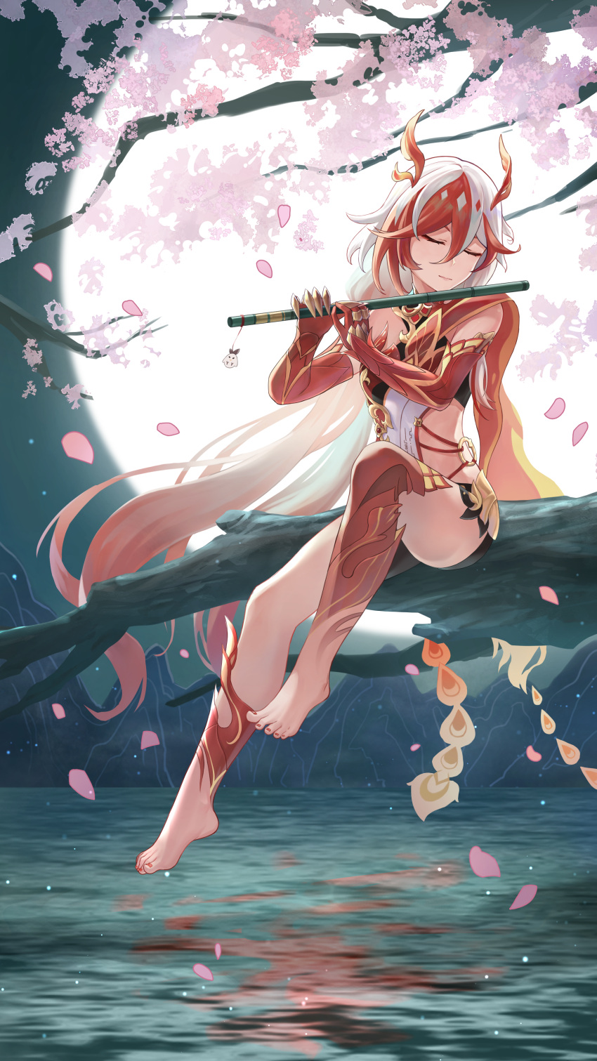 absurdres bare_legs bare_shoulders barefoot black_shorts breasts cherry_blossoms closed_eyes closed_mouth elbow_gloves falling_petals female flute fu_hua fu_hua_(fenghuang_of_vicissitude) full_body full_moon gloves highres holding holding_flute holding_instrument honkai_(series) honkai_impact_3rd instrument jingwei_(bird) moon multicolored_hair night night_sky on_branch petals red_gloves red_hair short_shorts shorts sky small_breasts solo tree two-tone_hair user_ygwf7527 water white_hair