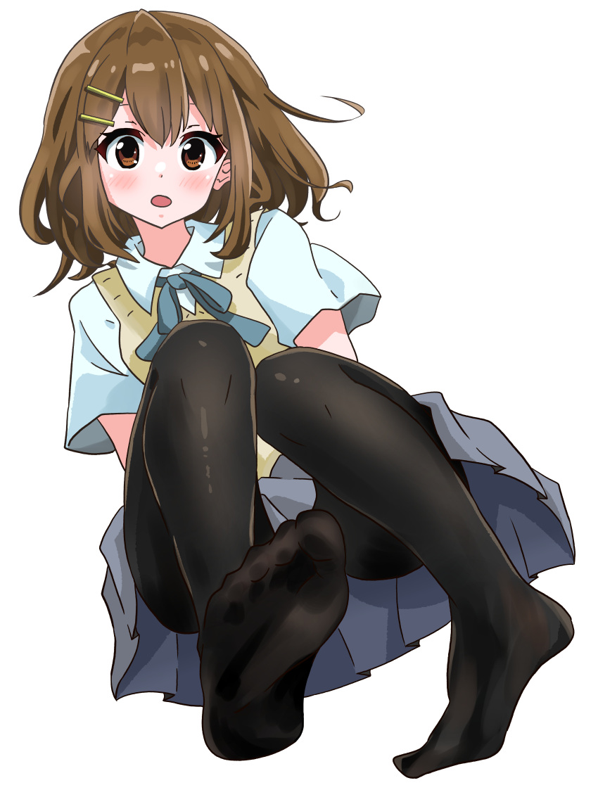 :o absurdres amanotti_01 black_pantyhose blue_ribbon blush brown_eyes brown_hair collared_shirt commentary_request convenient_leg double-parted_bangs dutch_angle eyebrows_hidden_by_hair feet female foreshortening full_body grey_skirt hair_between_eyes hair_ornament hairclip highres hirasawa_yui k-on! knees_together_feet_apart knees_up looking_at_viewer medium_hair miniskirt neck_ribbon no_shoes open_mouth pantyhose pleated_skirt ribbon school_uniform shirt short_sleeves sitting skirt soles solo sweater_vest toes white_shirt yellow_sweater_vest